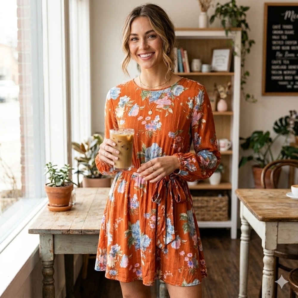 American Eagle Outfitters Orange Floral Long-Sleeve Mini Dress